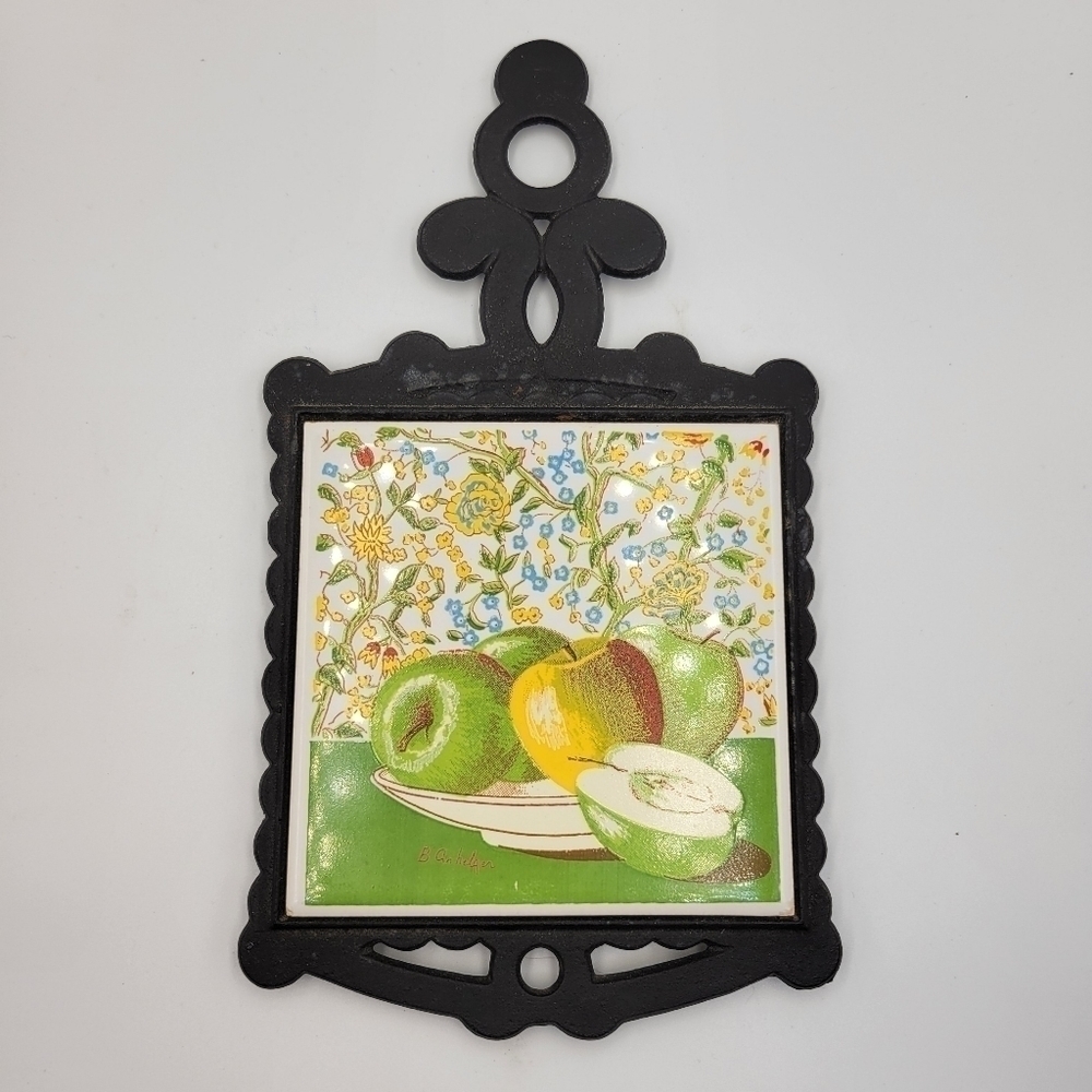 Vintage Cast Iron Trivet with Apple Basket Ceramic Tile